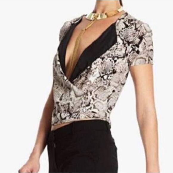 BCBGMAXAZRIA blouse Alvie Snake skin Print Wrap Top SZ SM cropped brown black - Picture 1 of 7